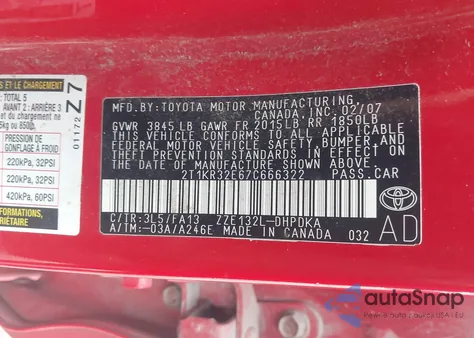 2007 Toyota Matrix from USA, damaged, VIN 2T1KR32E67C666322